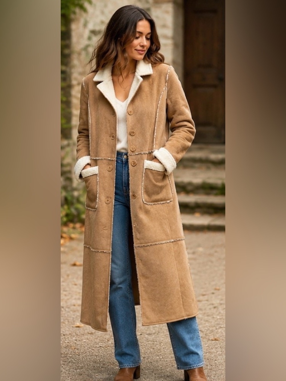 Tristan & Iseut Long Faux Shearling Coat – XS – Tan/Cream